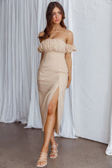 Nico Off-Shoulder Split Midi Dress Sand