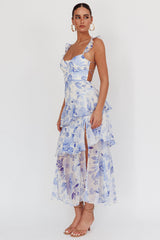 Veda Strappy Back Ruffle Maxi Dress Flowers Blue