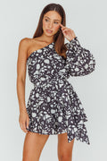 Summer Lover One-Shoulder Romper Floral Black