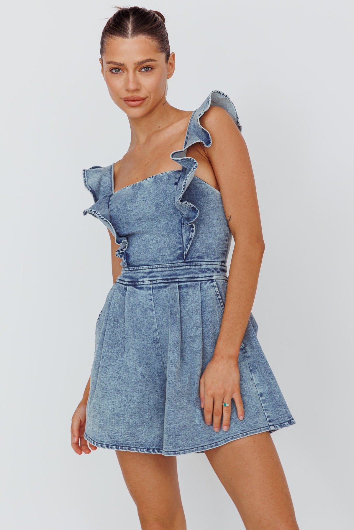 Nola Flared Ruffle Romper Denim