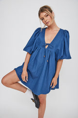 New Haven Puff Sleeve Swing Dress Indigo
