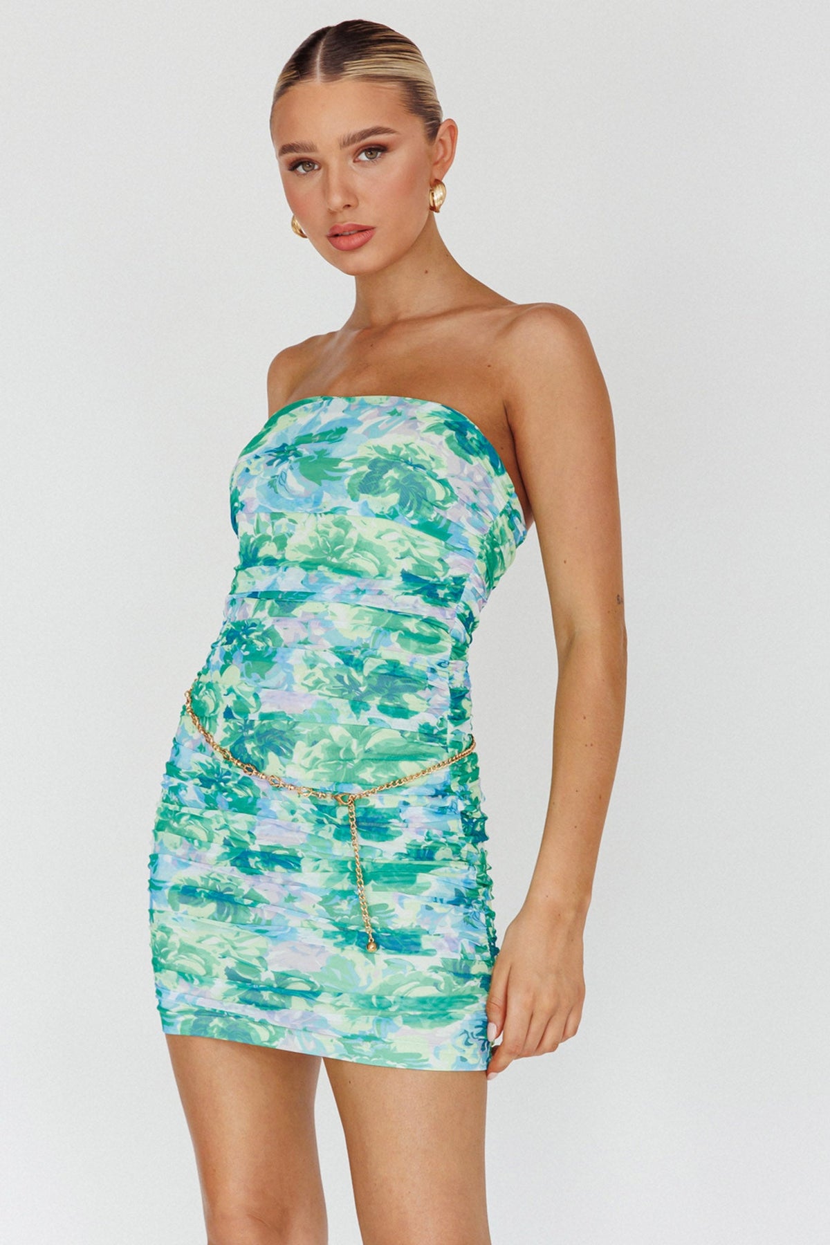 Logan Strapless Ruched Dress Floral Green