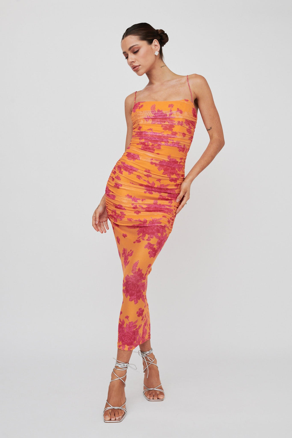 Logan Cami Strap Midi Dress Flower Orange