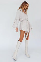 Daytona Beach Long Sleeve Shirt Romper Beige Stripe