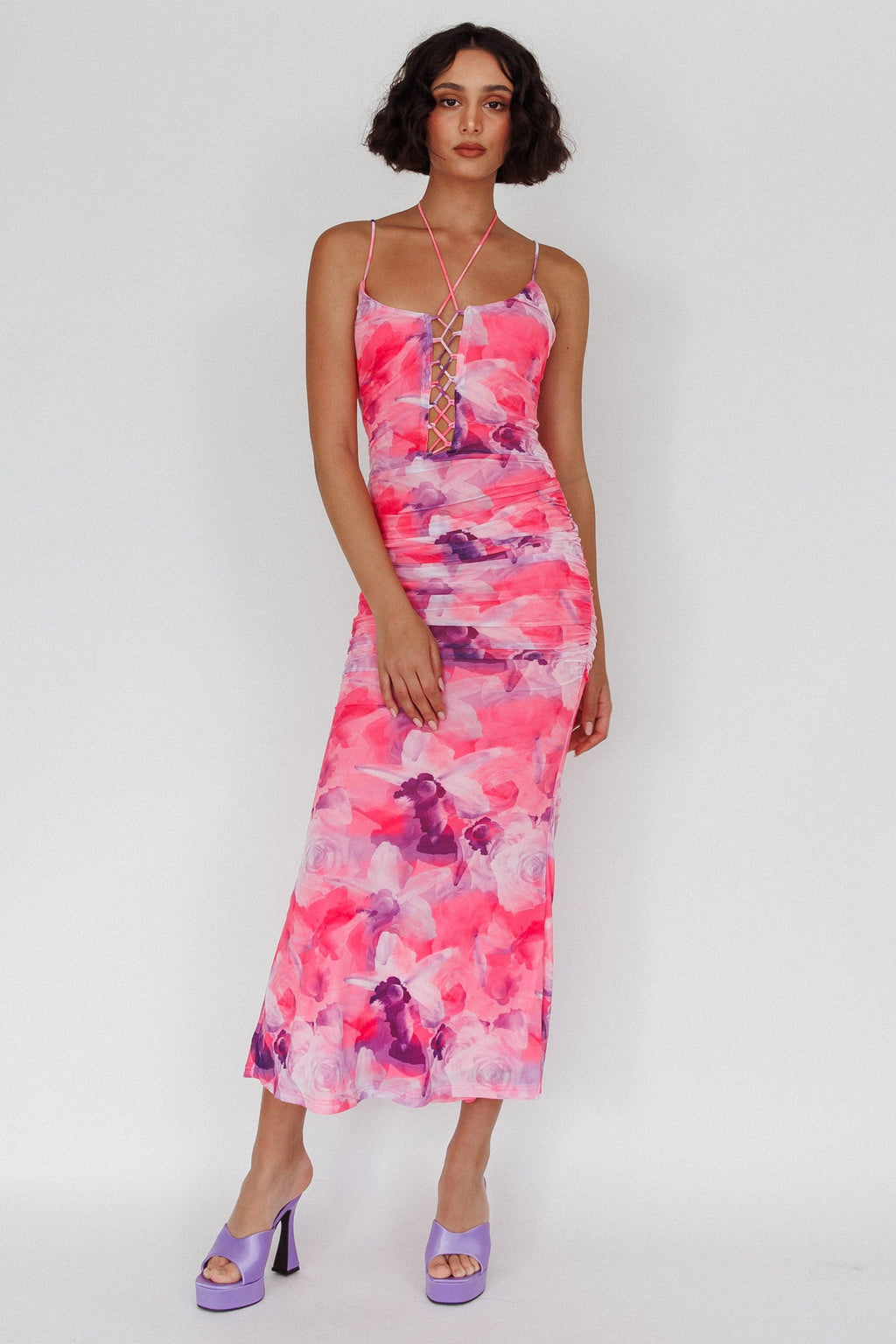 Gypsy Garden Laced Bodice Ruched Midi Dress Pink