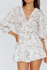 Tiki Puff Sleeve Drawstring Romper Print Beige