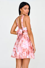 New Horizons Square Neckline Tied Mini Dress Pink