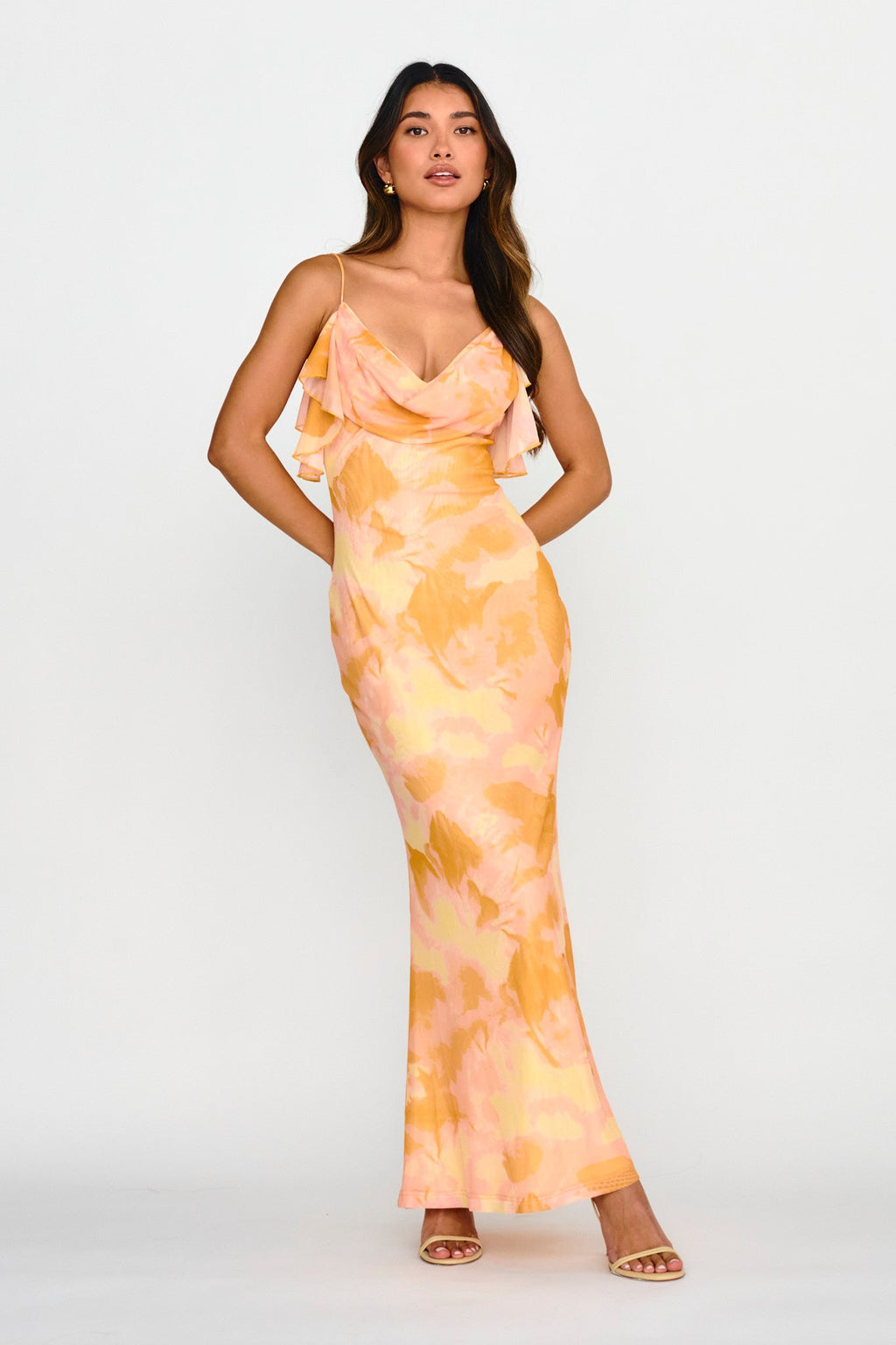 Jannie Draped Neckline Cami Dress Abstract Yellow