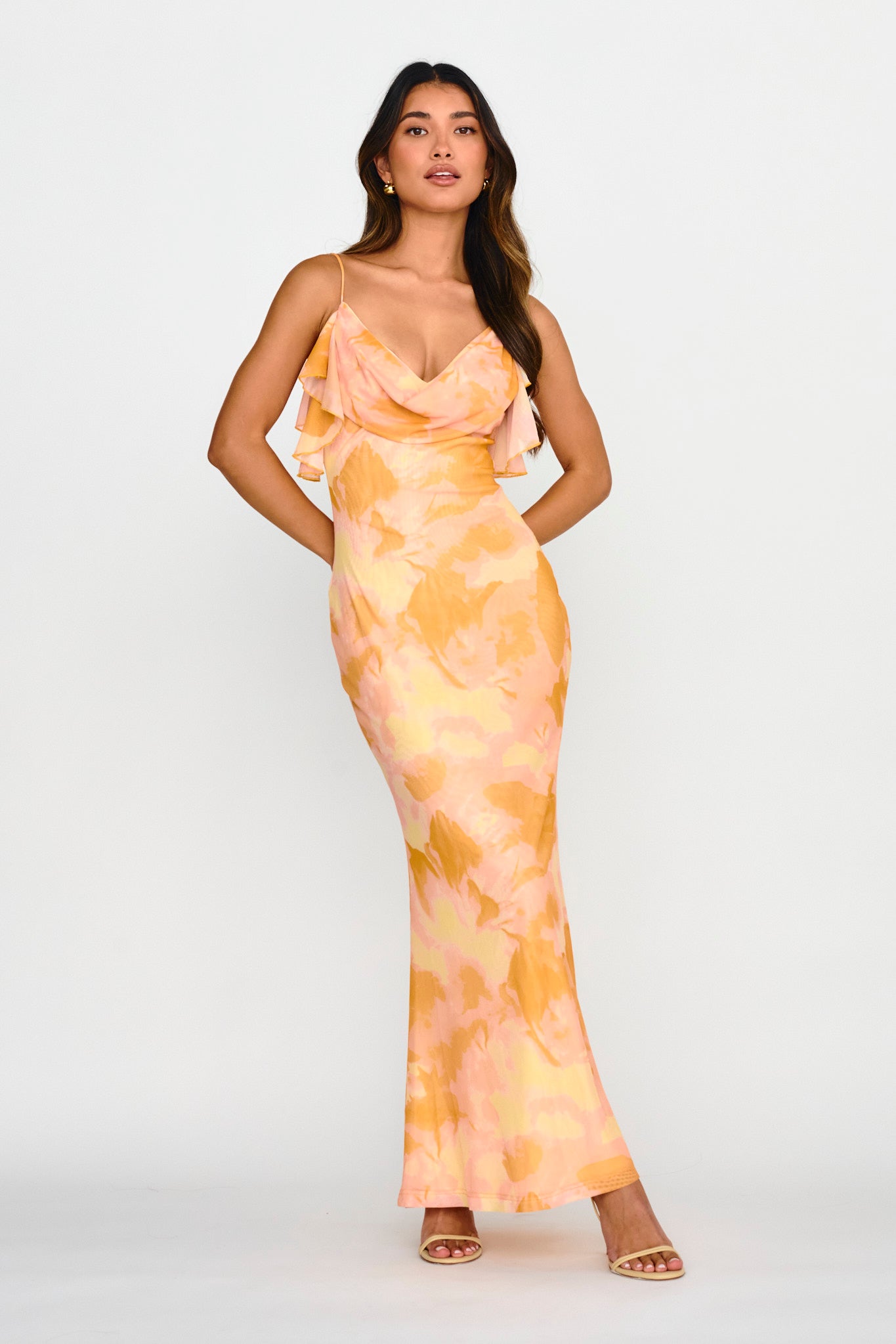 Jannie Draped Neckline Cami Dress Abstract Yellow