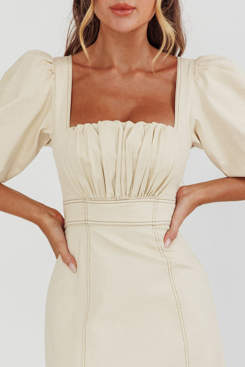 Sibille Puff Sleeve Contrast Stitch Dress Butter