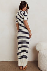 Cayla Button-Up Ribbed Knit Dress Cream Navy