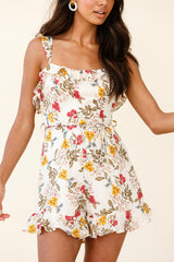 Stand By Me Frill Trim Tied Back Romper Botanic Print Beige