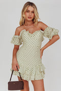 Homecoming Queen Sweetheart Neckline Puff Sleeve Dress Polka Dot Green