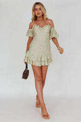 Homecoming Queen Sweetheart Neckline Puff Sleeve Dress Polka Dot Green
