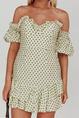 Homecoming Queen Sweetheart Neckline Puff Sleeve Dress Polka Dot Green