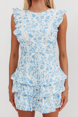Weekend Muse Sleeveless Layered Frill Romper Floral Blue
