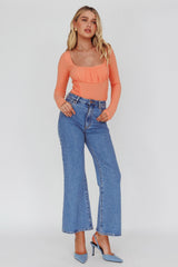 Bobbi Long Sleeve Ruched Side Ribbed Bodysuit Orange