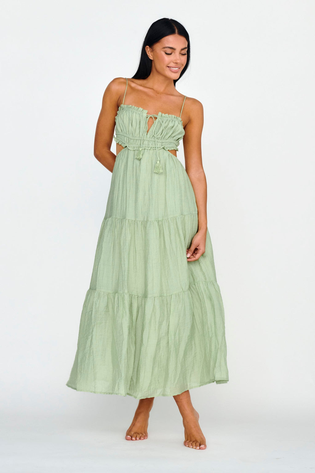 Eyona Cut-Out Waist Tie Maxi Dress Sage