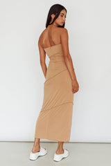 Making Headlines Strapless Midi Dress Camel