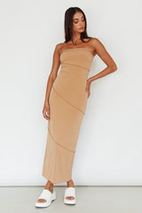 Making Headlines Strapless Midi Dress Camel