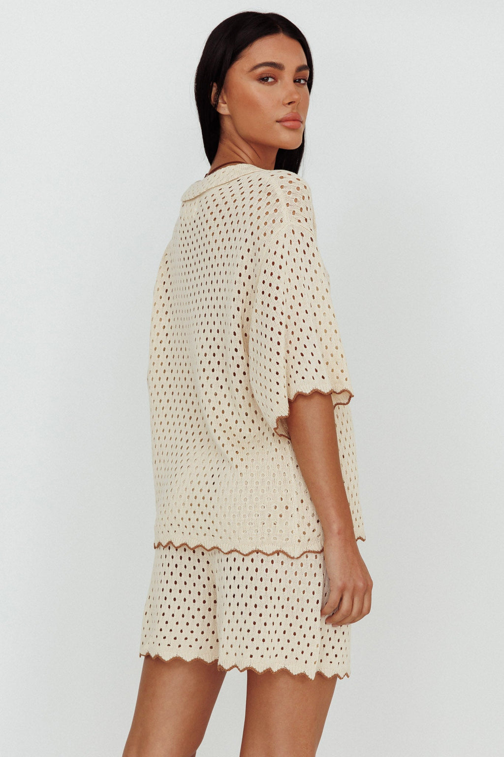 Just A Hunch Button Crochet Shirt Nutmeg/Shell