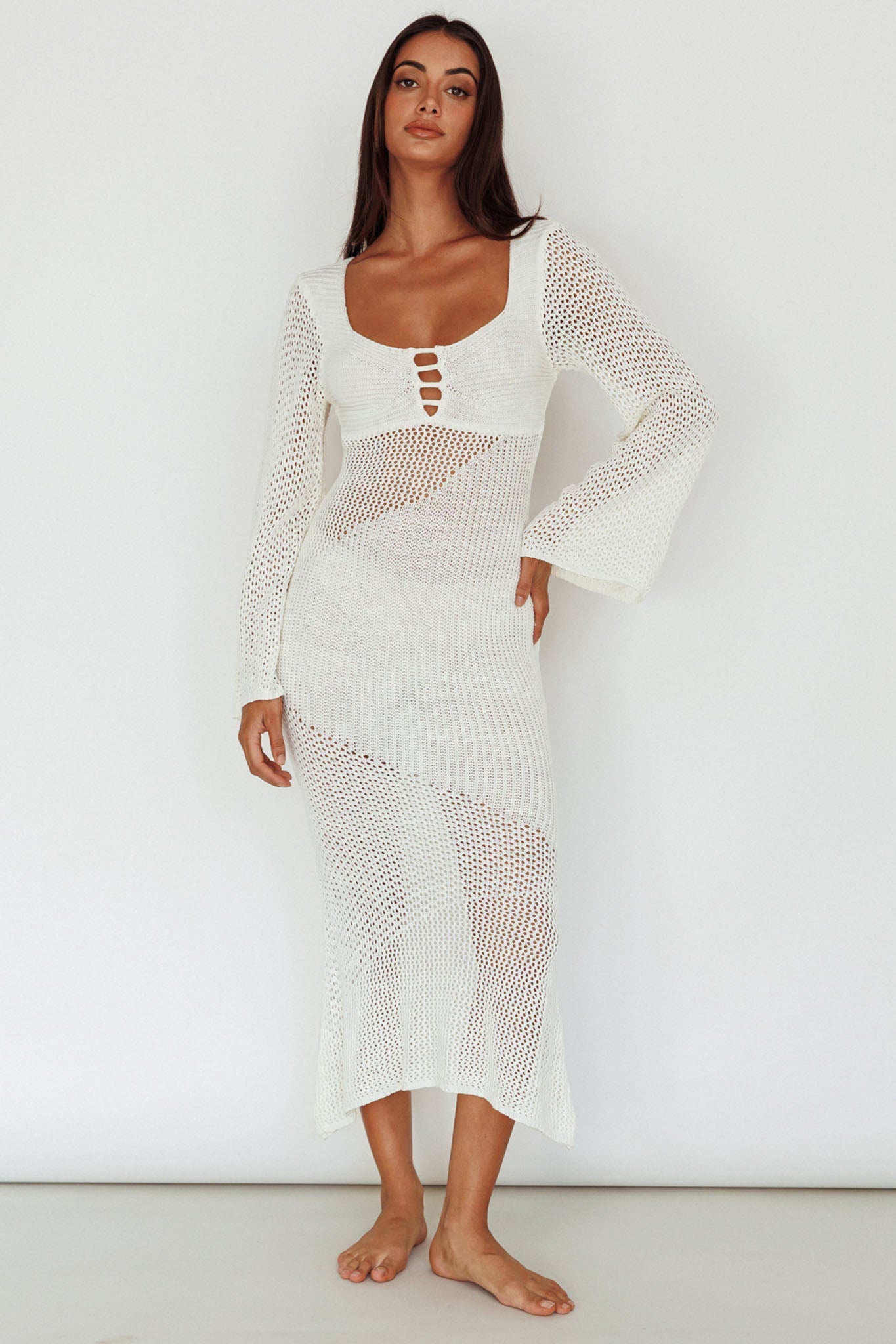 Zizi Long Sleeve Crochet Maxi Dress White