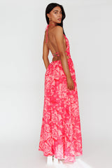 Cyndi Open Back Halterneck Maxi Dress Floral Pink