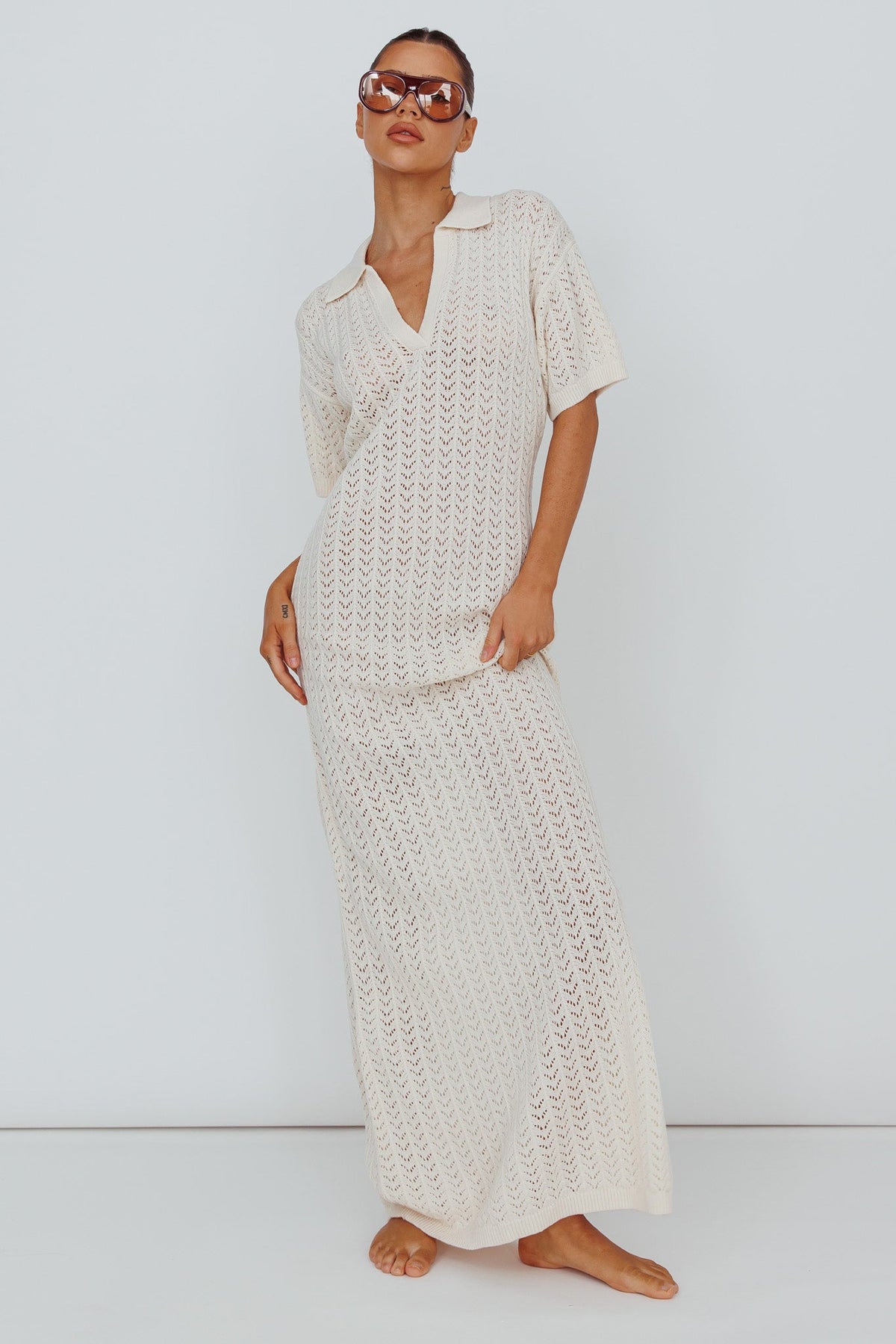 Clearwater Crochet Short Sleeve Maxi Dress White