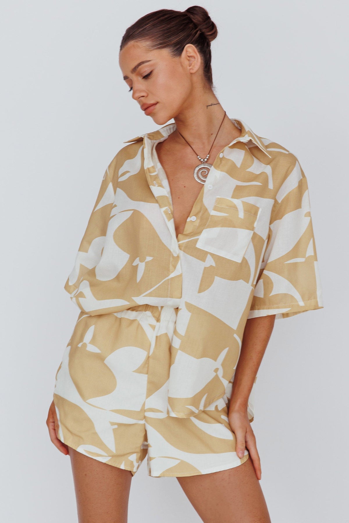 On Vacay Button-Up Shirt Print Yellow