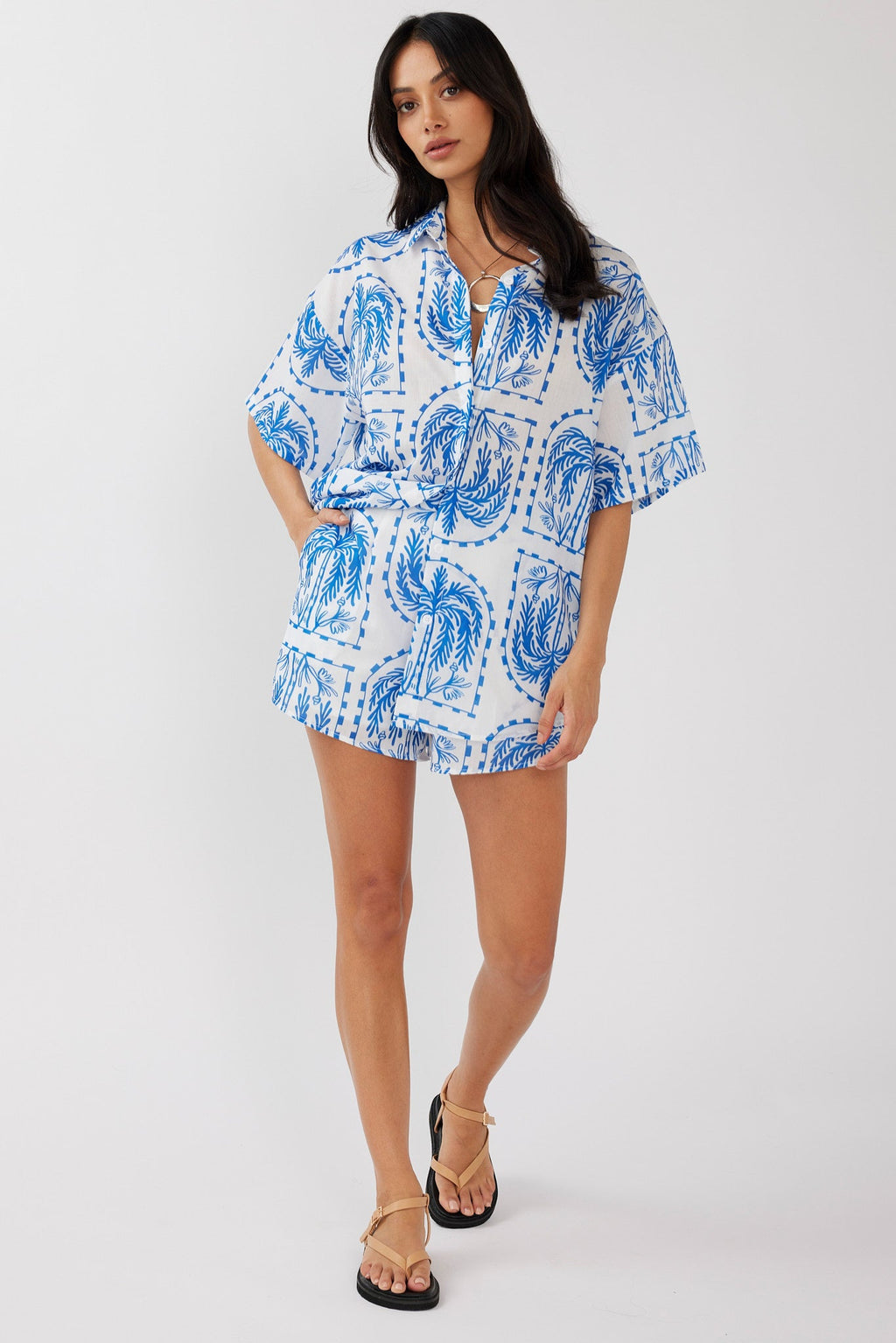 Cora Elastic Waist Shorts Print Blue White