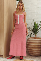 Summer Cottage Lace Trim Maxi Skirt Red Check