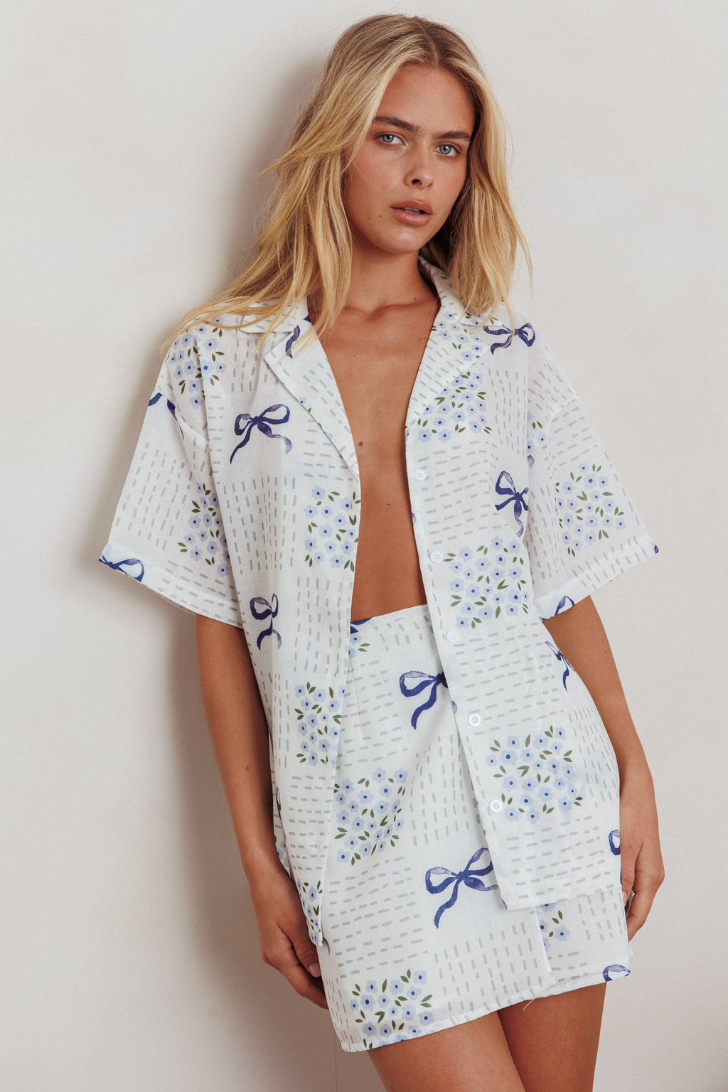 Ithaca Wrap Mini Skirt Bow Print Blue