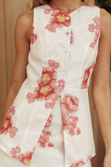 Sunlit Grove Button Front Top Floral Cream/Red