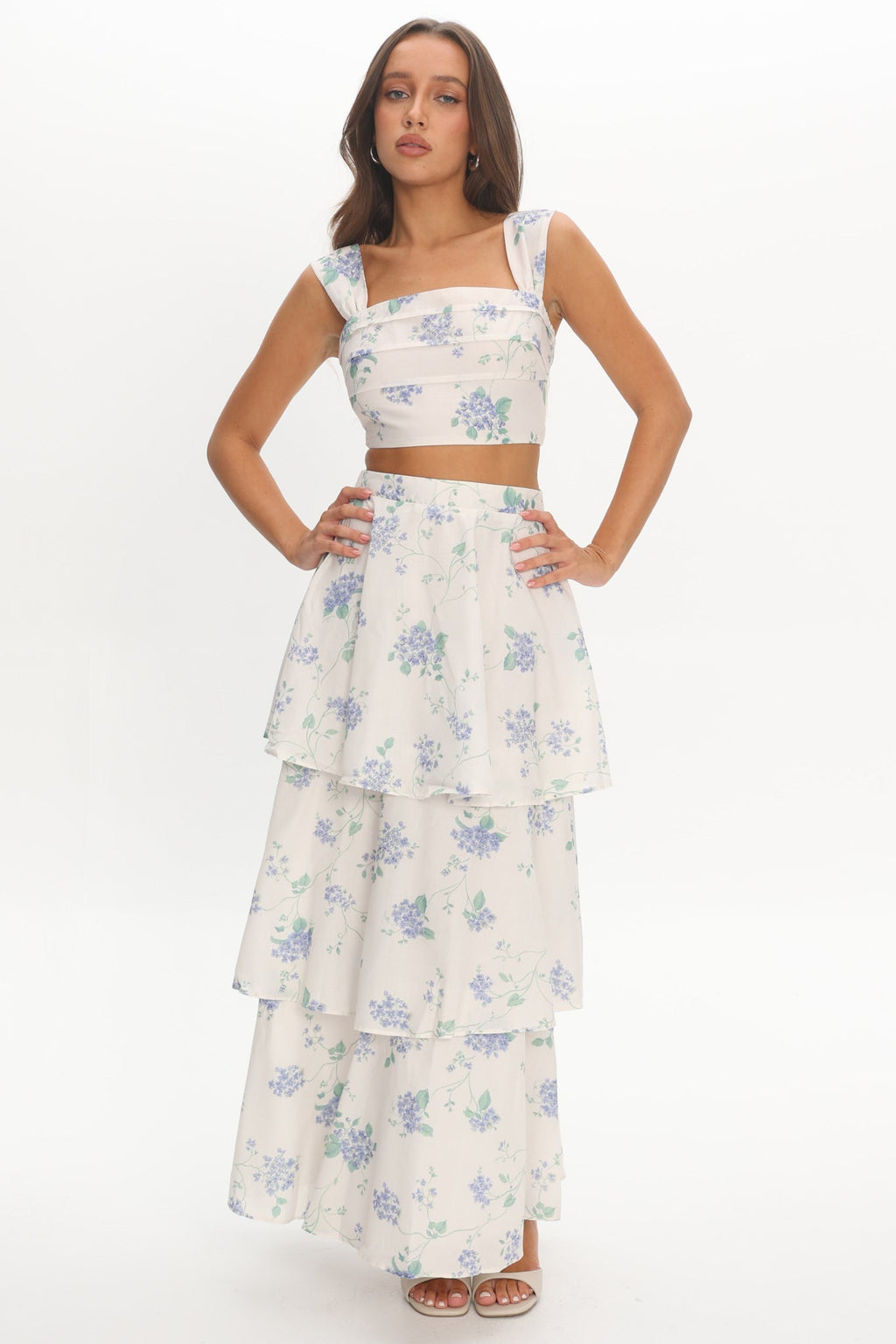 Dixon Tiered Maxi Skirt Floral Beige