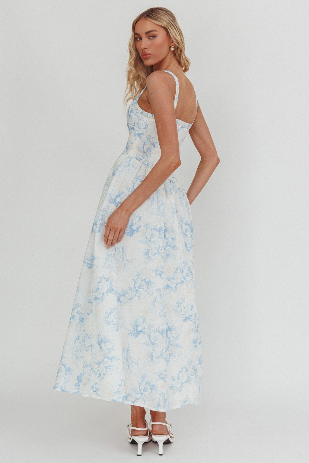El Corazon Smocked Neckline Maxi Dress Print Blue