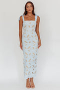 Coastal Bloom Tied Shoulder Maxi Dress Embroidered Baby Blue