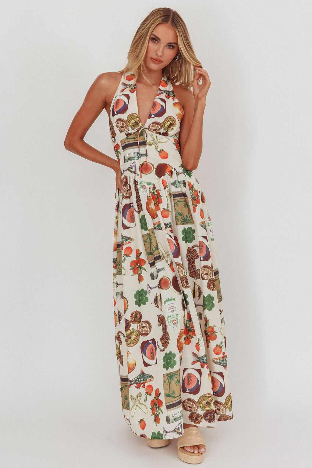 Clarette Basque Waist Open Back Maxi Dress Exotic Beige