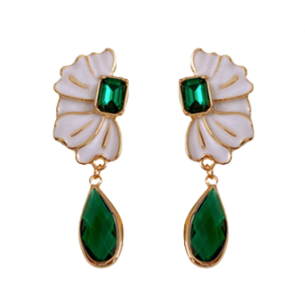 Oil Dripping Flower Emerald Water Drop Earrings
