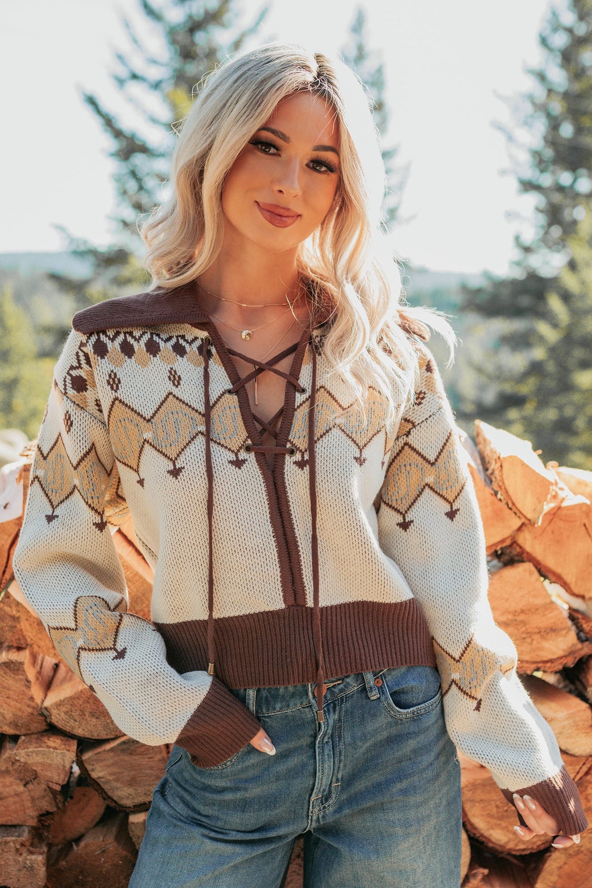 Don’t Overthink It Aztec Front Tie Sweater (Cream/Mix)