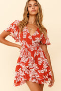 Cami Angel Sleeve Faux Wrap Dress Abstract Floral Print Rust